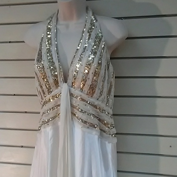 White with gold sequined trim backless formal - Picture 2 of 6